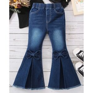 Girls Dark Wash Bell Bottom Flare Jeans with Bow Detail and Raw Hem Pull On